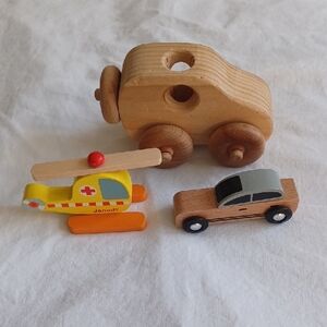 Wooden Toy Vehicles Lot Of 3 Including A Janod Helicopter